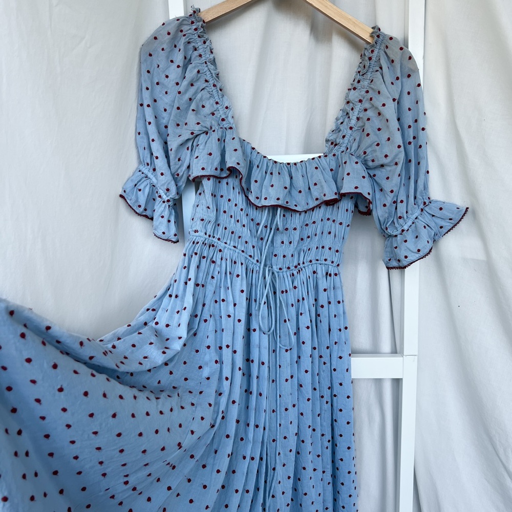 Doen Azure Swiss Dot Light Blue Shirred Midi Dress with Red Dot Print